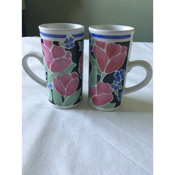 GANZ Vintage LIBBY'S GARDEN 2 Espresso Cappuccino Ceramic Cups Flower Design 5oz - Picture 2 of 4